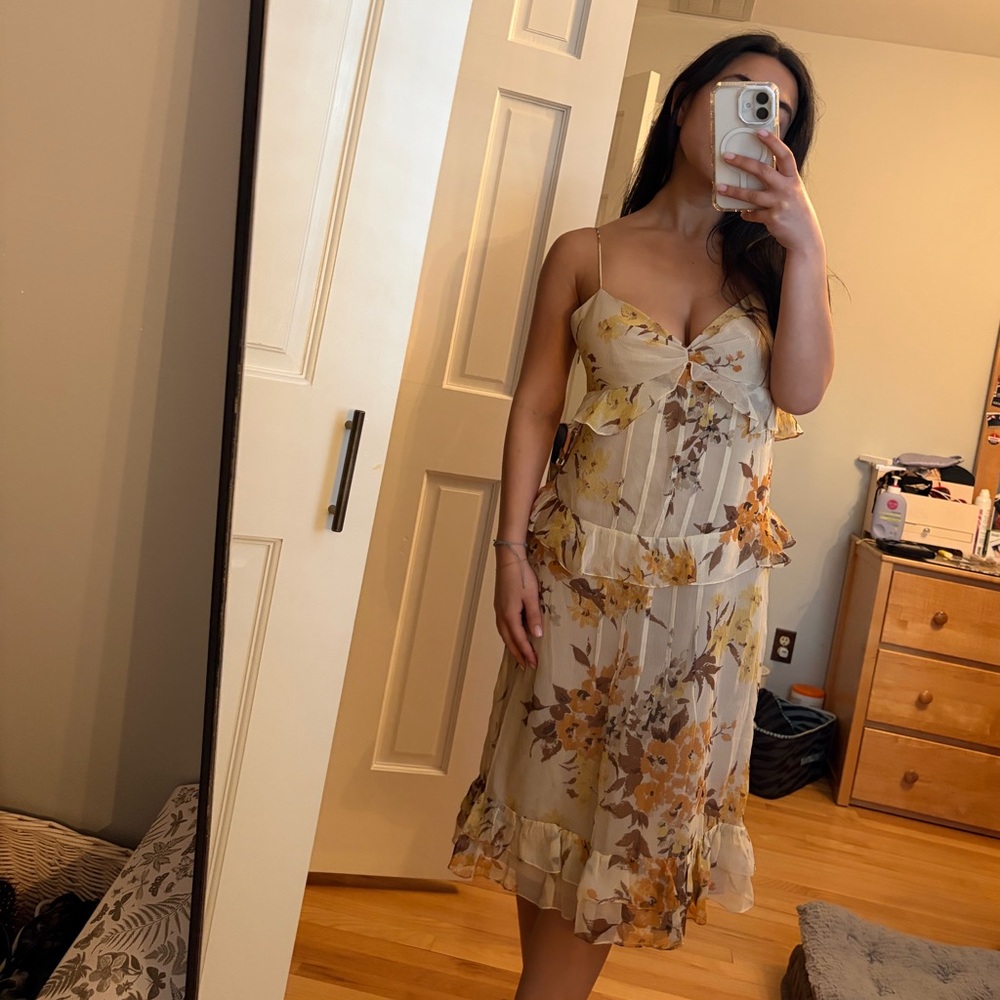 Vera Wang Cream Slip Dress with Mustard Floral Print